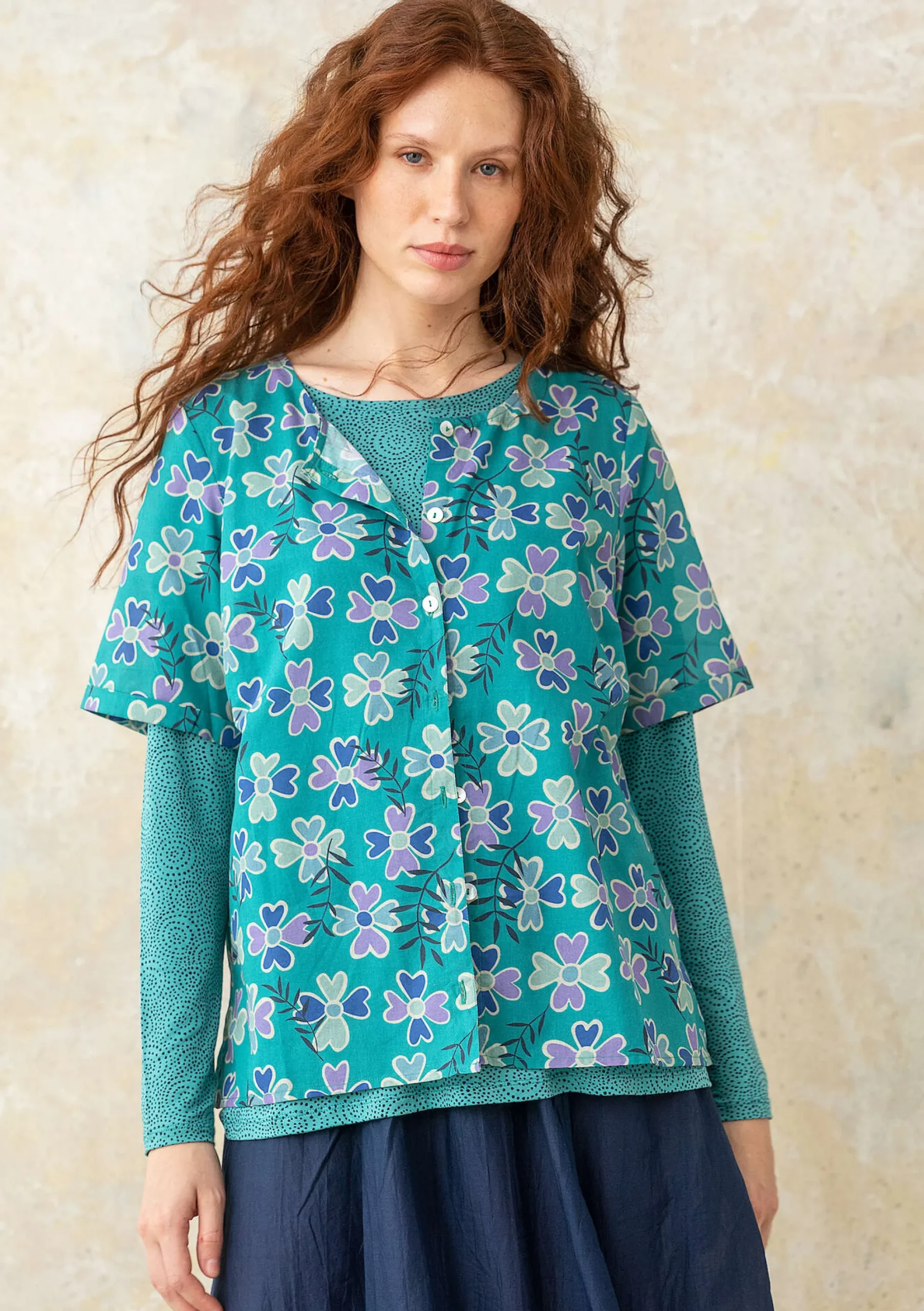 Outlet Gudrun Sjödén Bluse Peggy Aus Bio-Baumwollgewebe aqua-gemustert