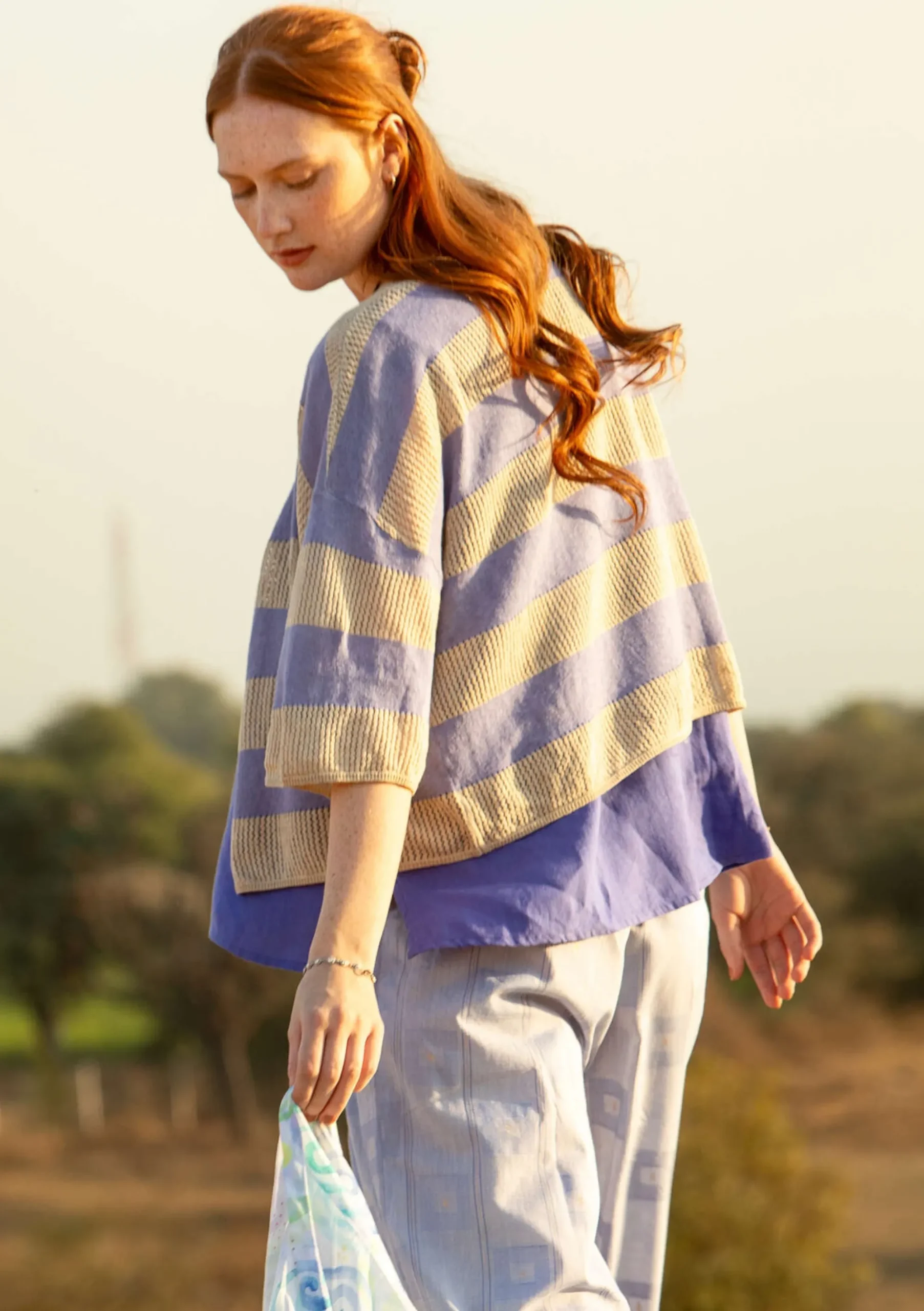 Hot Gudrun Sjödén Strickjacke Aus Leinen/Recycling-Baumwolle dunkellavendel-natur